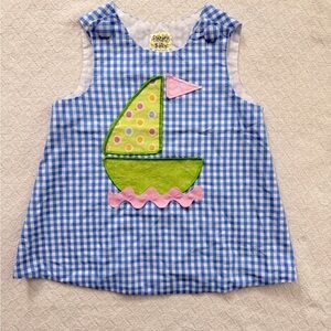Potato Saks Vintage Blue and White Gingham Dress with Pink Sail Boat Appliqué